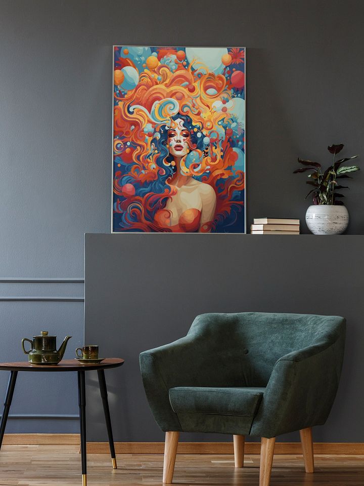 Fiery Autumn Goddess Art Poster, Vivid Orange and Blue Fantasy Woman, Whimsical Surreal Portrait for Enchanting Home Decor product image (2)