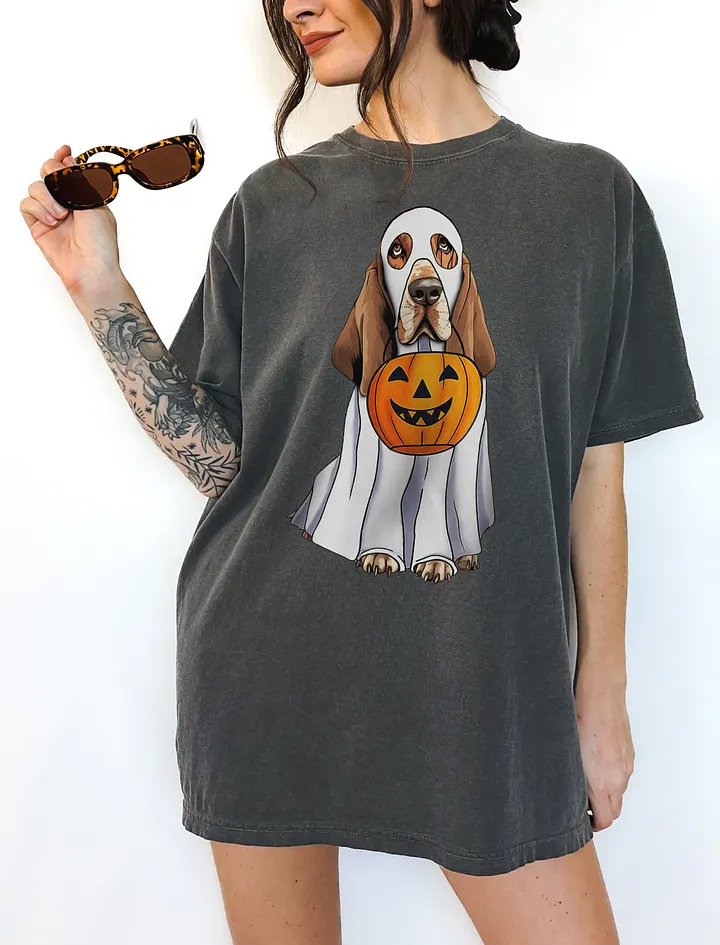 Basset Hound Halloween Tee | Funny Halloween Basset Hound Wearing Ghost Costume with Pumpkin Basket product image (6)