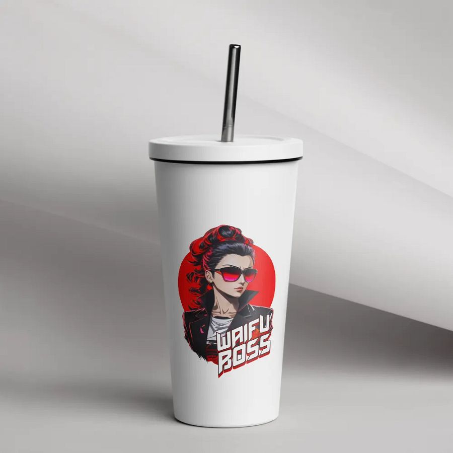 Waifu Boss 20 oz Tumbler Cup - White - Insulated Tumbler with a Straw v2 product image (12)
