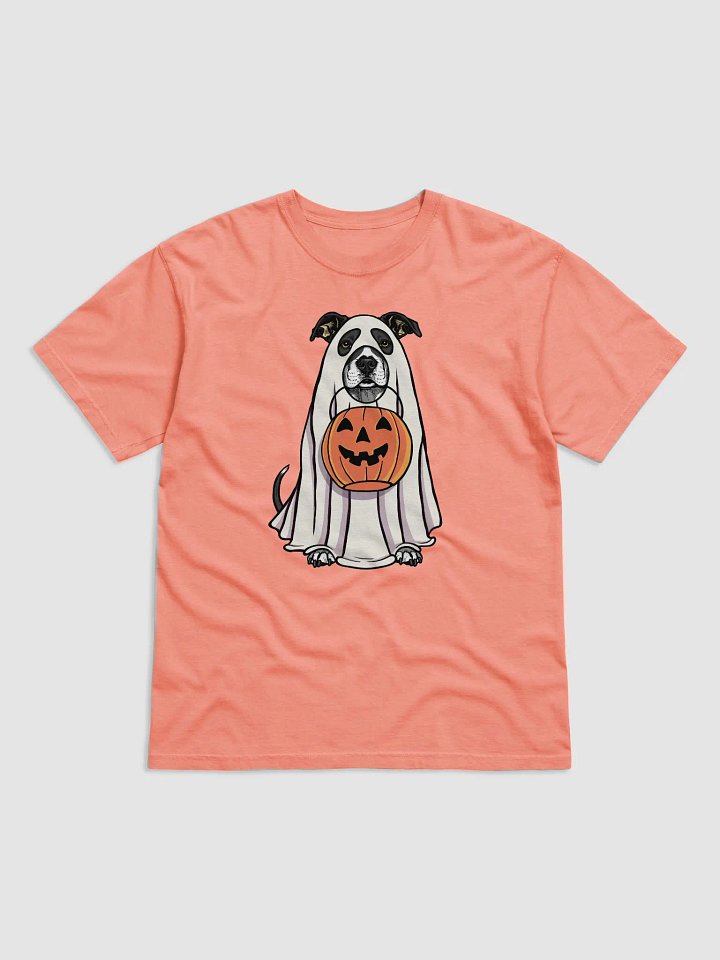 Funny Halloween Pitbull Terrier(Black) T-Shirt | Funny Pittie Wearing a Ghost Costume and Holding a Pumpkin Basket product image (1)