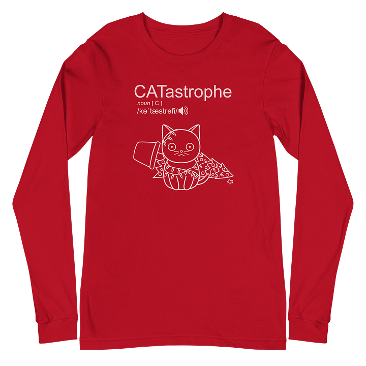 CATastrophe Unisex Long Sleeve Tee, Cat with Christmas Tree, White Print product image (2)