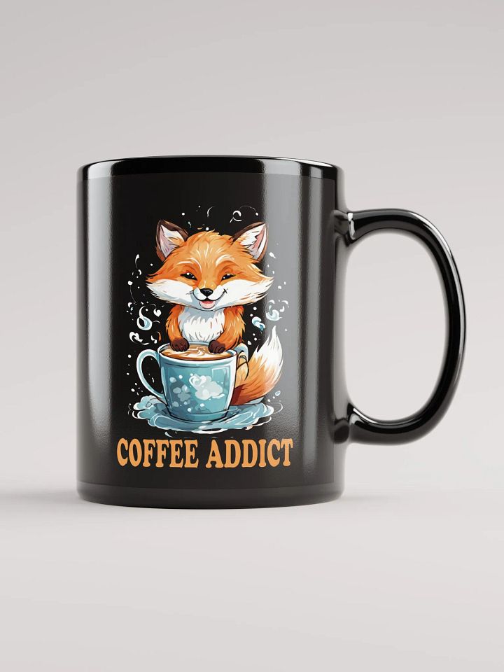 Coffee Addict Funny Black Glossy Mug | Double-Sided Cute Fox Holding Coffee Cup Design | Perfect Gift for Coffee Lovers product image (1)