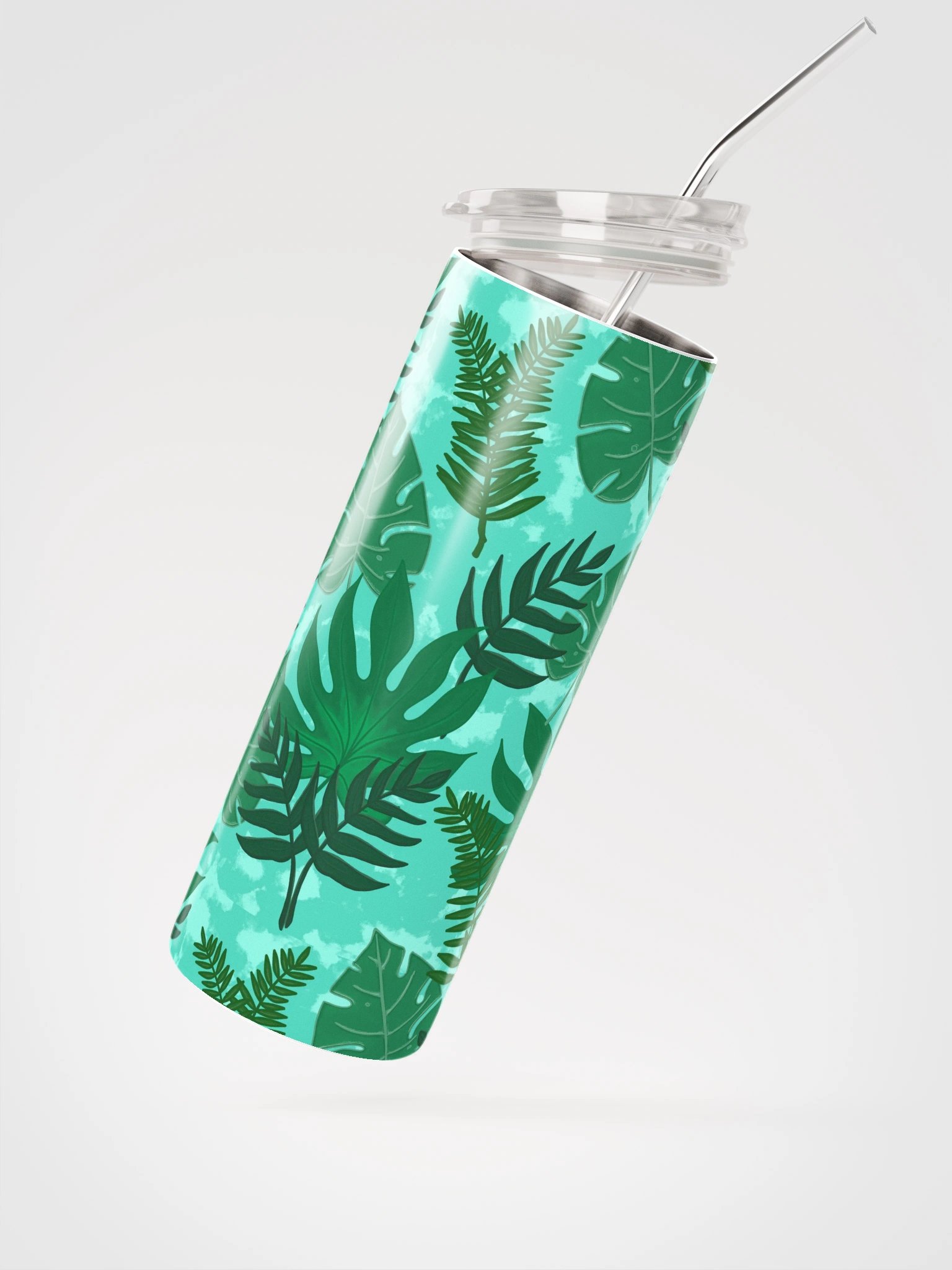 Jungle Leaves Pattern-Aqua Background Stainless Steel Tumbler product image (2)