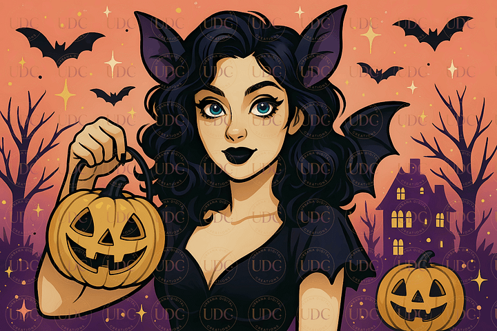 Bat-Eared Gothic Witch Halloween Tumbler Wrap PNG – Black Dress, Pumpkin, Haunted House & Sunset Bats for 20oz Skinny Tumblers product image (1)