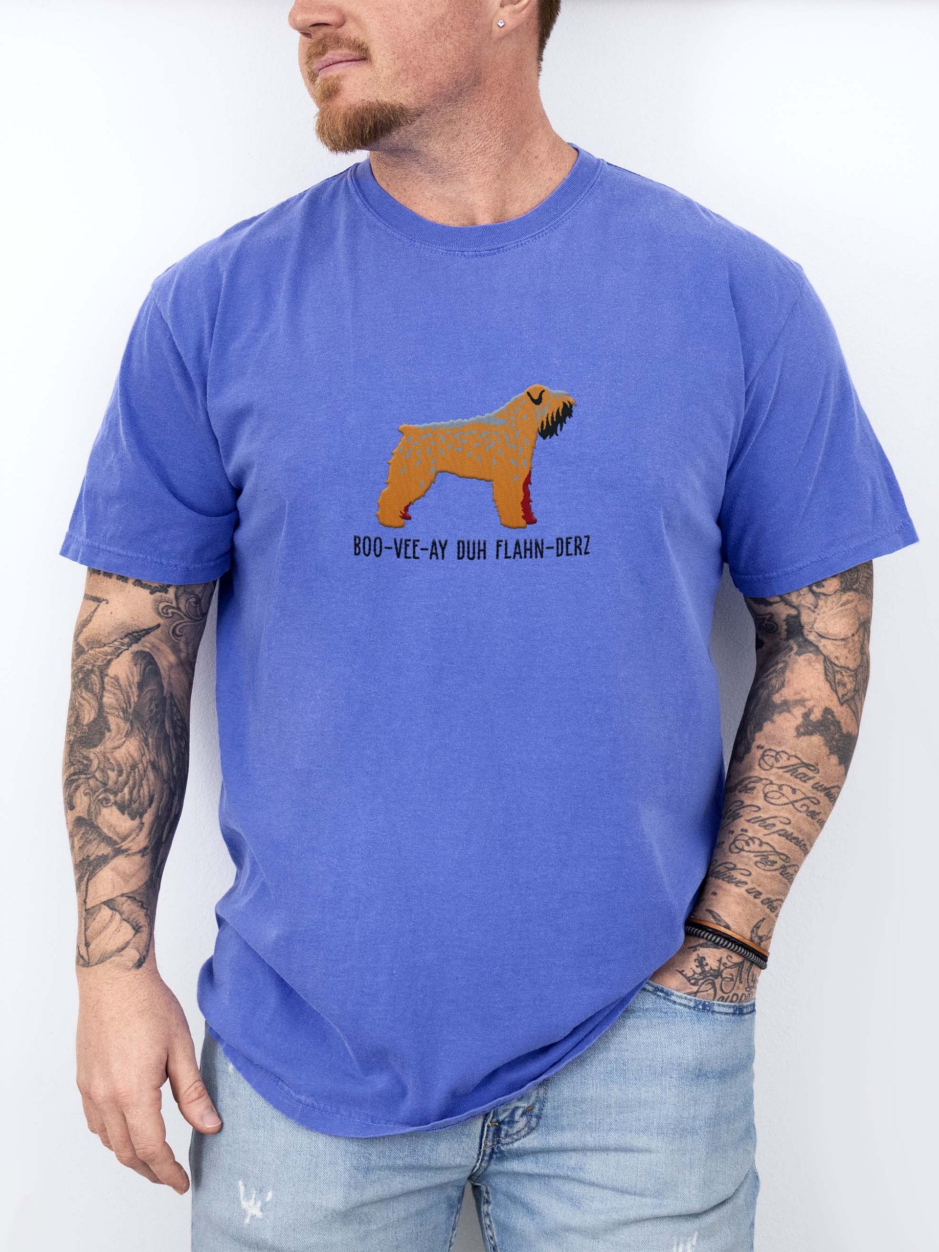 Boo-Vee-Ay Duh Flahn-Derz T-Shirt(Embroidered) of a Bouvier des Flandres(Brown) product image (2)