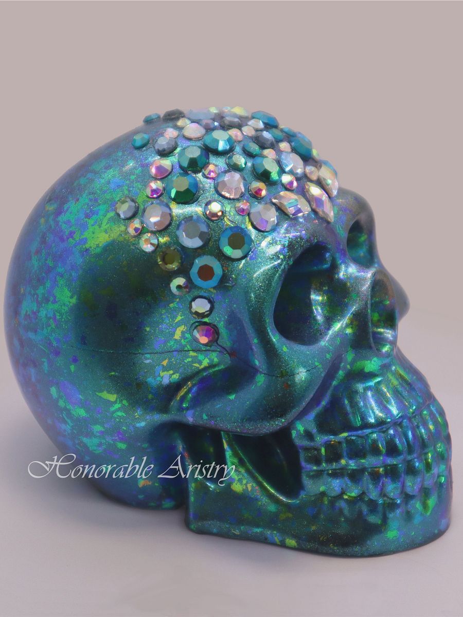 Blue-Green Colorshift Rhinestone Resin Skull product image (3)