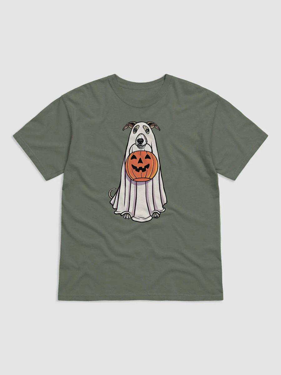 Funny Halloween Whippet(Fawn Brindle) T-Shirt | Funny Dog Wearing a Ghost Costume and Holding a Pumpkin Basket product image (12)
