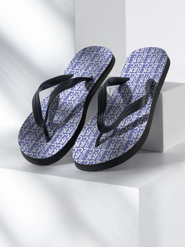 BOURNE to Flip Flop™ | Cape Cod Vibes for Your Soles | Mini BRN.2C.C. Logo Repeat Sandals | White Logo on Slate Blue product image (1)