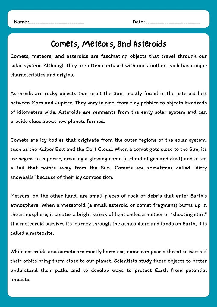 Comets, Meteors, and Asteroids Reading Comprehension with Questions product image (1)