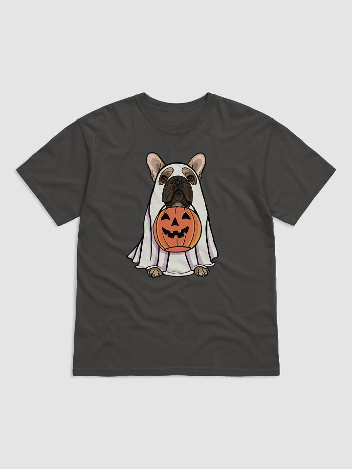 Funny Halloween French Bulldog T-Shirt | Funny Frenchie Wearing a Ghost Costume and Holding a Pumpkin Basket product image (1)