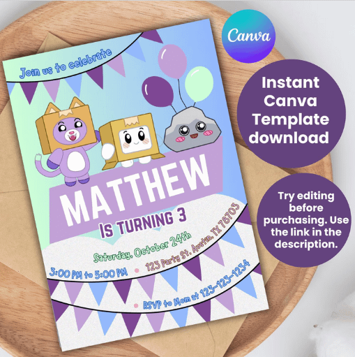 Editable Text Lankybox Birthday Invitation - Canva - Lankybox Themed Party Invite product image (1)