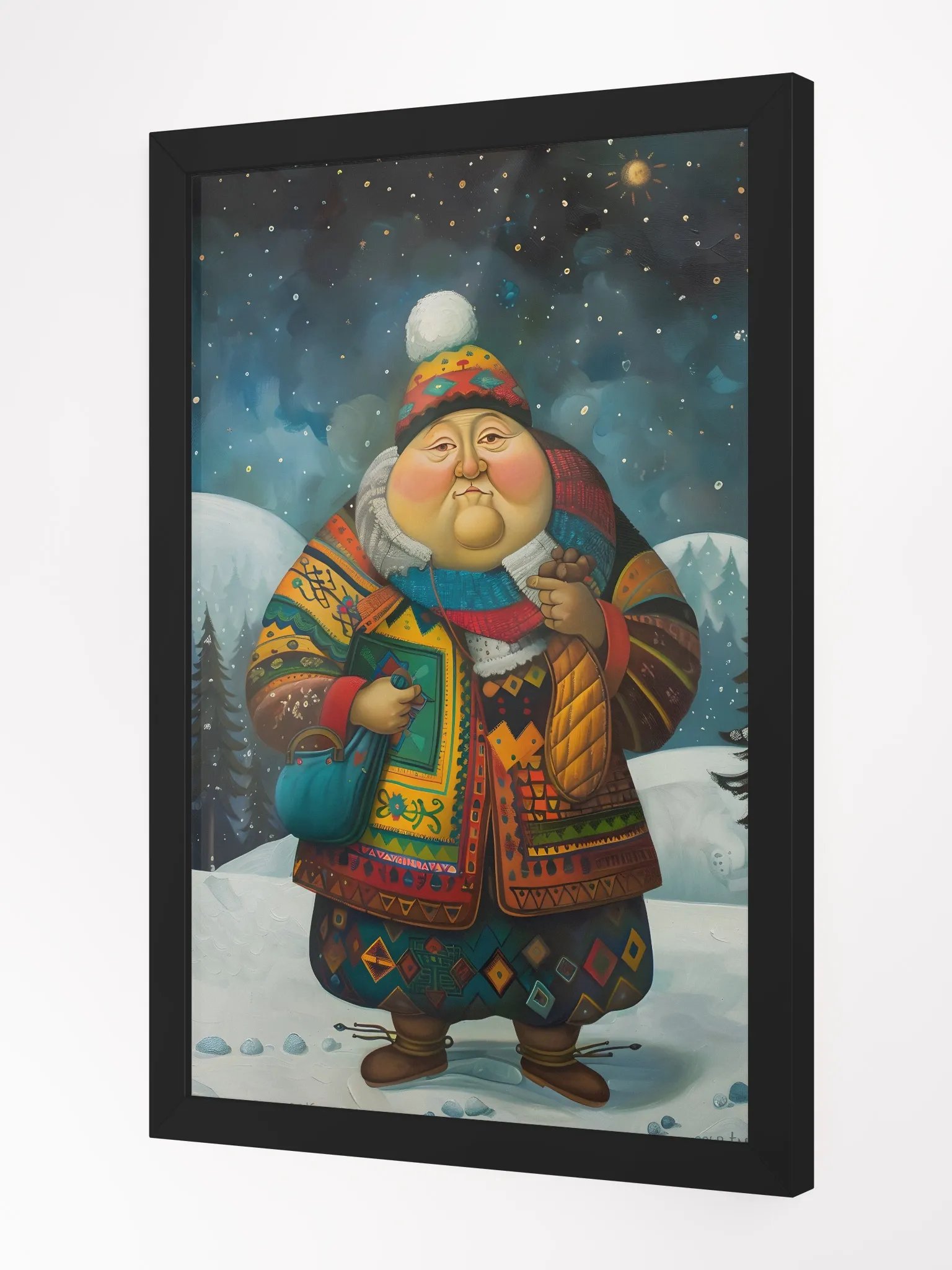 Whimsical winter figure in vibrant patterned outfit. product image (2)