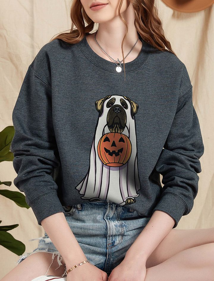 Funny Halloween English Mastiff Sweatshirt | Funny English Mastiff Wearing a Ghost Costume and Holding a Pumpkin Basket product image (5)