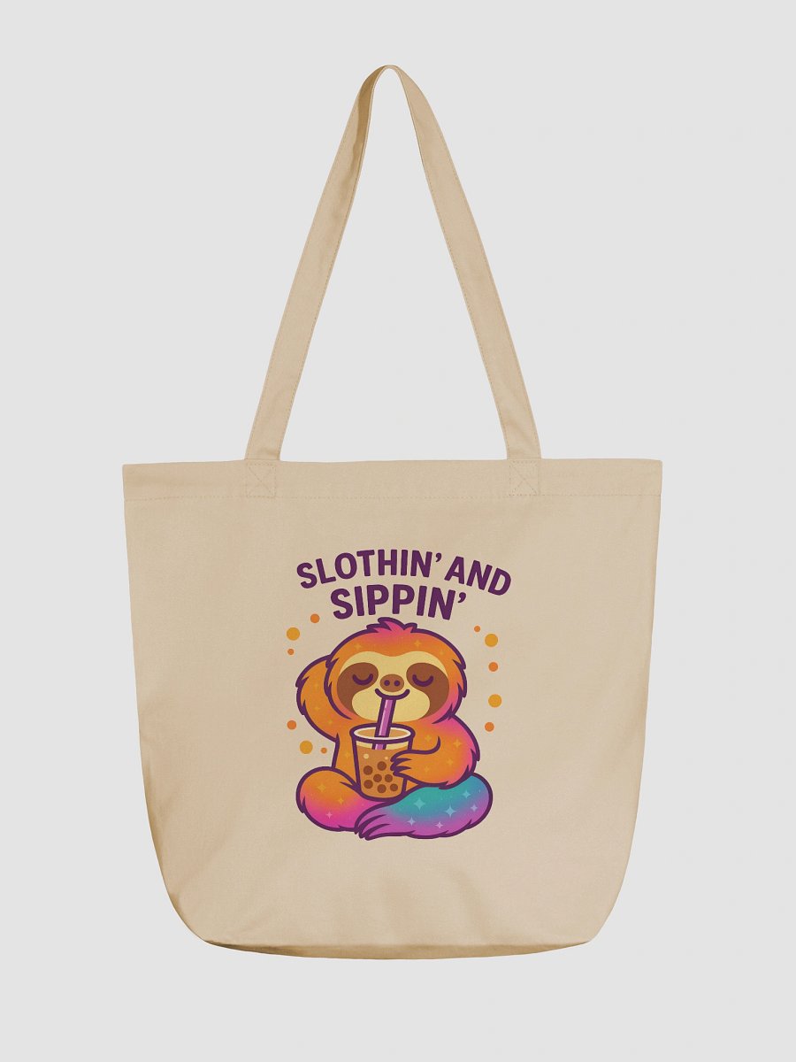 Slothin’ and Sippin’ – Funny Sloth Boba Tea Tote Bag (Double-Sided Print) | Eco Cotton Tote | Sloths Having Snacks Collection product image (1)