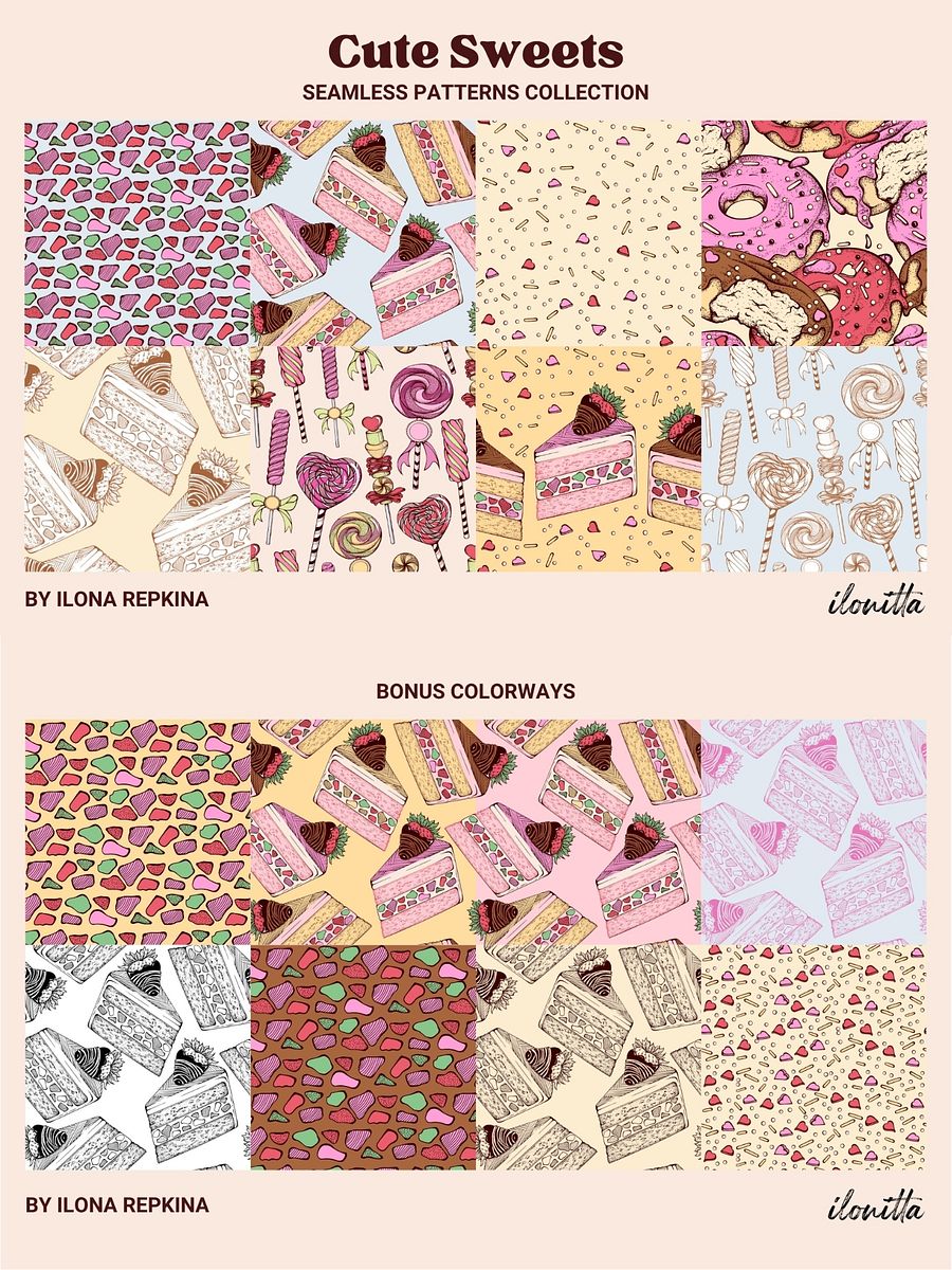 Cute Sweets Hand Drawn Vector Seamless Patterns Collection product image (4)