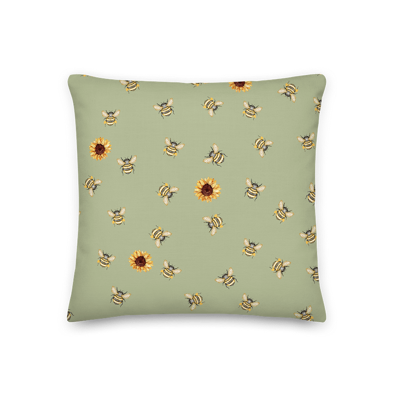 Sunflower & Bees Green Premium Pillow/Sonnenblumen & Bienen Grün Premium Kissen