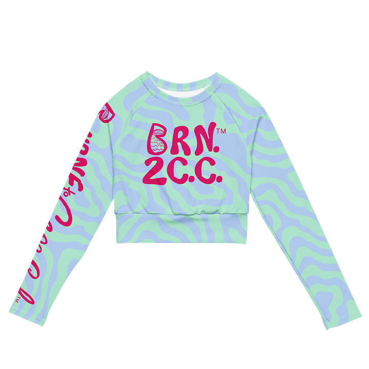 BOURNE to Cape Cod™ Crop Top | BRN.2C.C.™ Coastal Bold | Recycled Long Sleeve Statement Wear 🌊💃☀️ | Vibrant Pink Logos on Pastel Zebra product image (2)