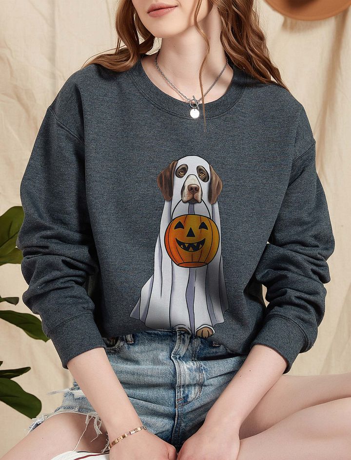 German Shorthaired Pointer Halloween Sweatshirt | Funny Halloween GSP Wearing a Ghost Costume with Pumpkin Basket product image (5)