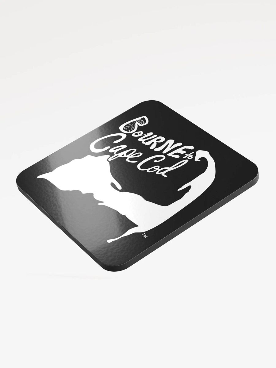 BOURNE to Cape Cod™ | Coastal Coaster | Glossed Cork | Eco-Friendly | Minimalist Coastal Decor | 3.74" Square | White Logo on Black product image (3)
