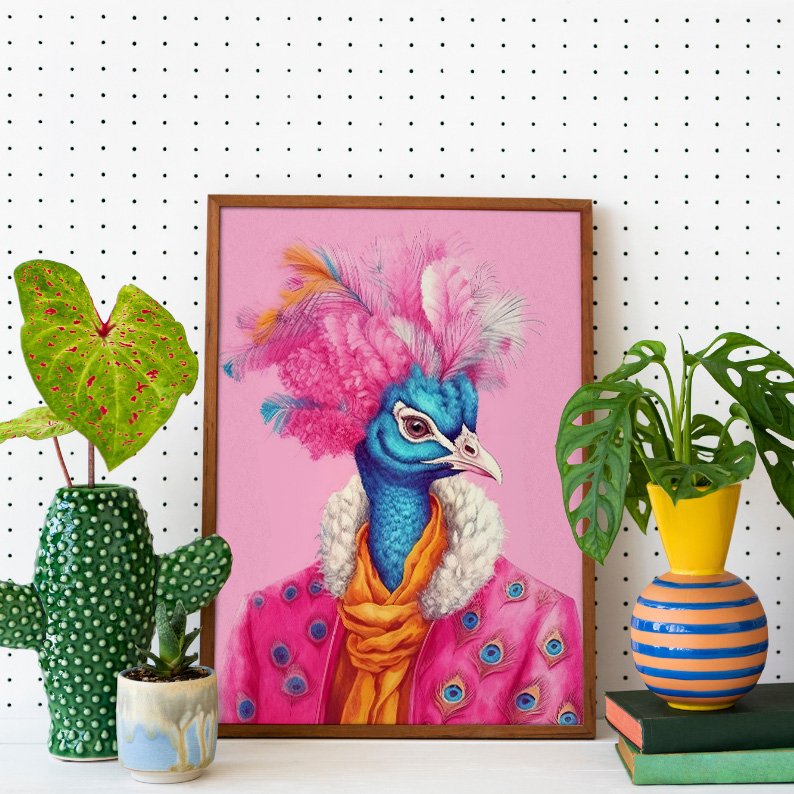 Anthropomorphic Peacock in Pink Coat Animal Portrait product image (11)