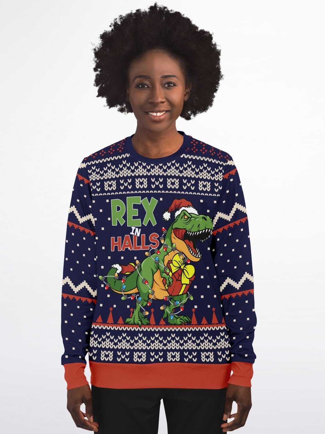 “Rex in the Halls” Festive Dinosaur Christmas Sweatshirt| Funny Holiday Jumper | T-Rex Santa Holiday Party Outfit | Unisex Dino Xmas Gift product image (3)