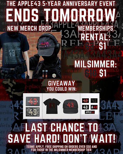 THE APPLE43 5-YEAR ANNIVERSARY EVENT ENDS IN 24 HOURS!

EVERY ITEM AND MEMBERSHIP TIER ON APPLEFORTYTHREE.COM WILL RETURN TO ...