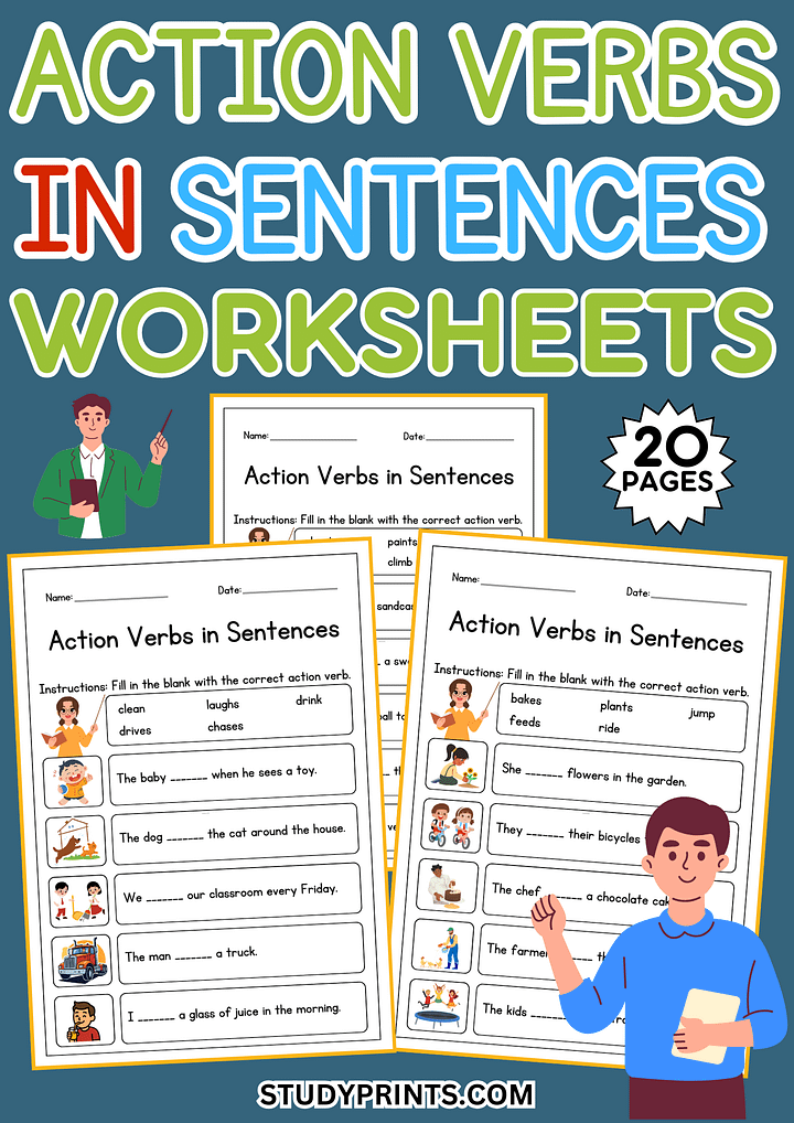 20 Printable Action Verbs Worksheets – Fill in the Blank product image (1)