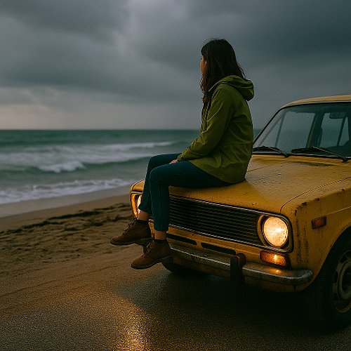 She parked where the map ends.
Some stories start with silence.
.
.
#mehdee 
#RustyWheels #SeasideEscape #VintageAesthetic #O...