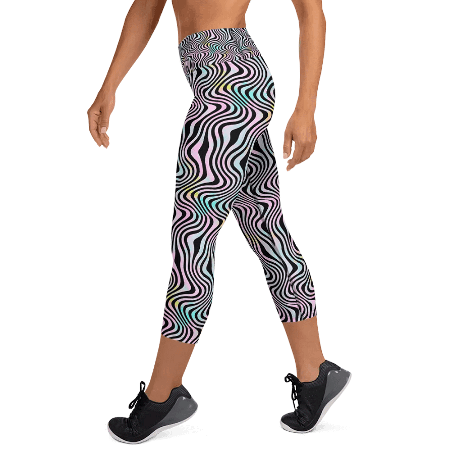 Yoga capri  leggings blue watercolour leafy design on black background product image (9)