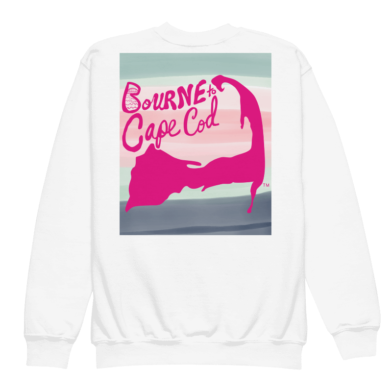 Girls' | Cape Cod Crew | DTG Vintage Print | BRN.2C.C.™ Youth Sweatshirt | BOURNE to Stand Out™ | Pink Logo on White | Horizon Stripes Graphic product image (2)