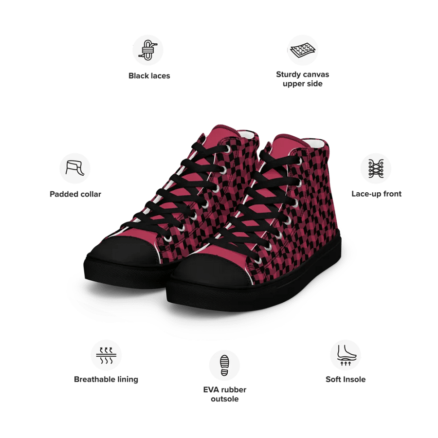 Magenta and Black Warped Checker Women's High-Top Canvas Shoes product image (10)