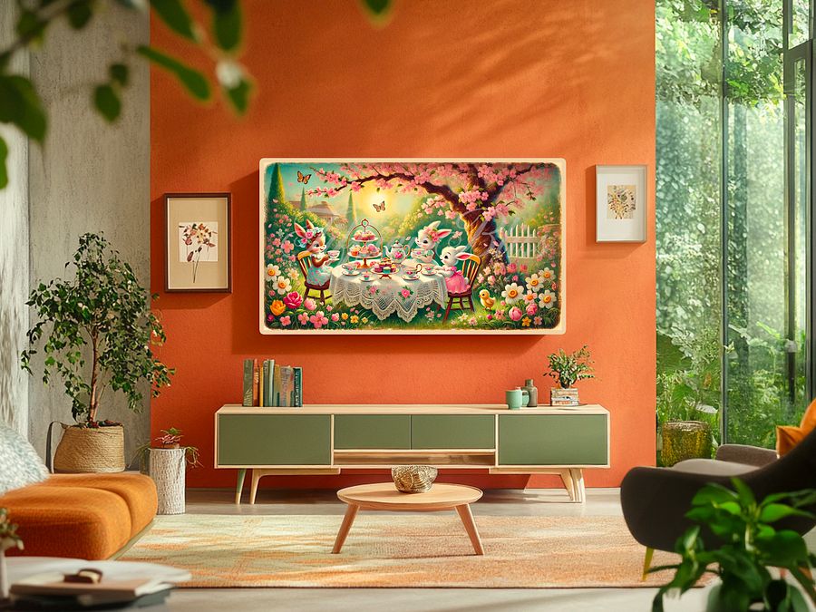 Spring Bunny Samsung Frame TV Art, Tea Time Easter Painting - Digital Download Wallpaper product image (5)
