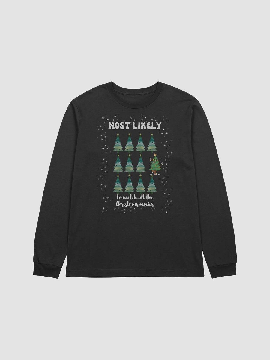 Cheerful Retro Christmas Tree Cartoon Character "Most Likely to Watch All the Christmas Movies" Long Sleeve Tee product image (4)