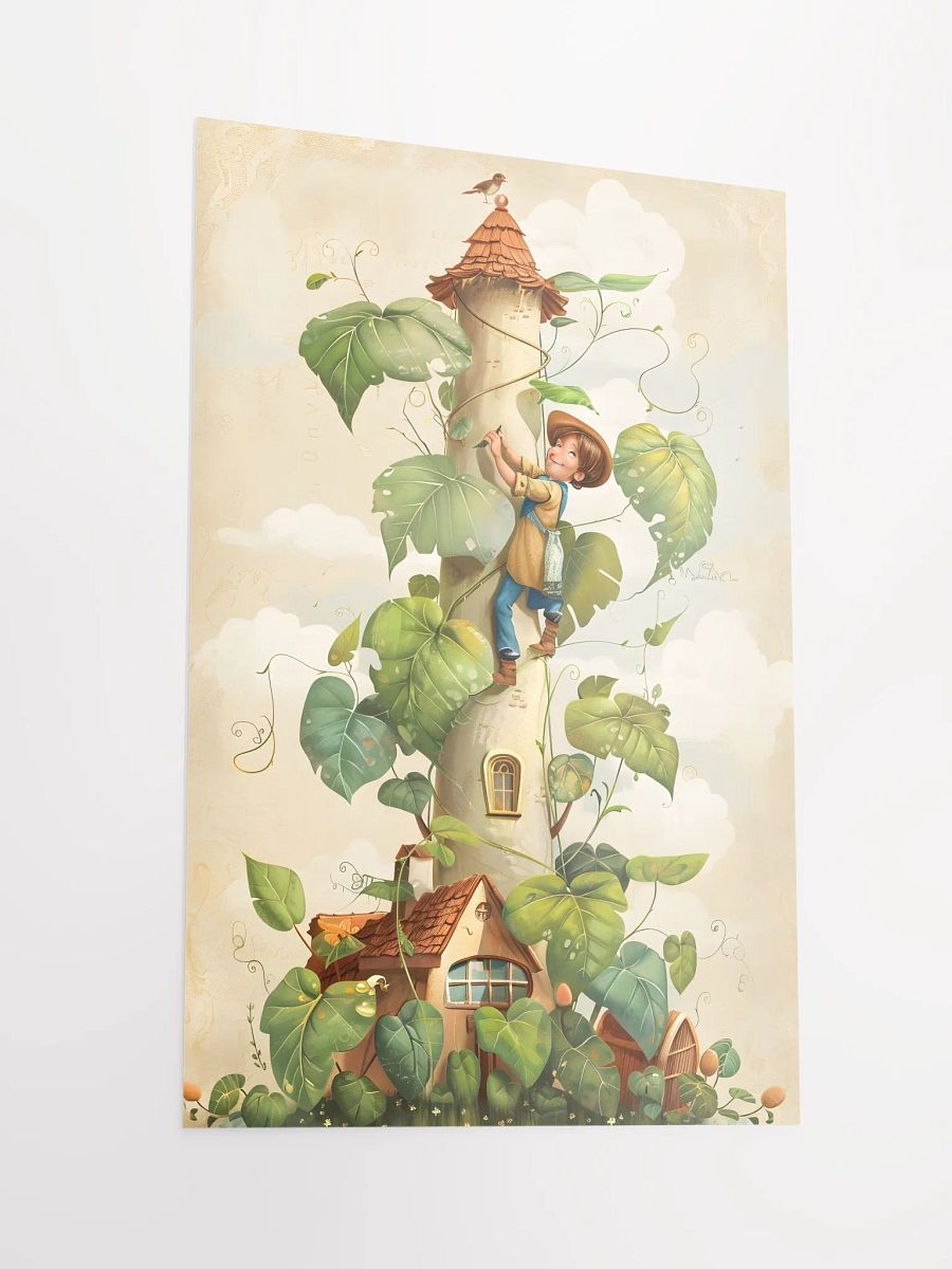 Boy climbing a tall beanstalk toward a cozy small house product image (2)
