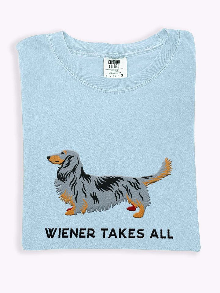Wiener Takes All T-Shirt(Embroidered) of a Longhaired Dachshund(Dapple) product image (1)