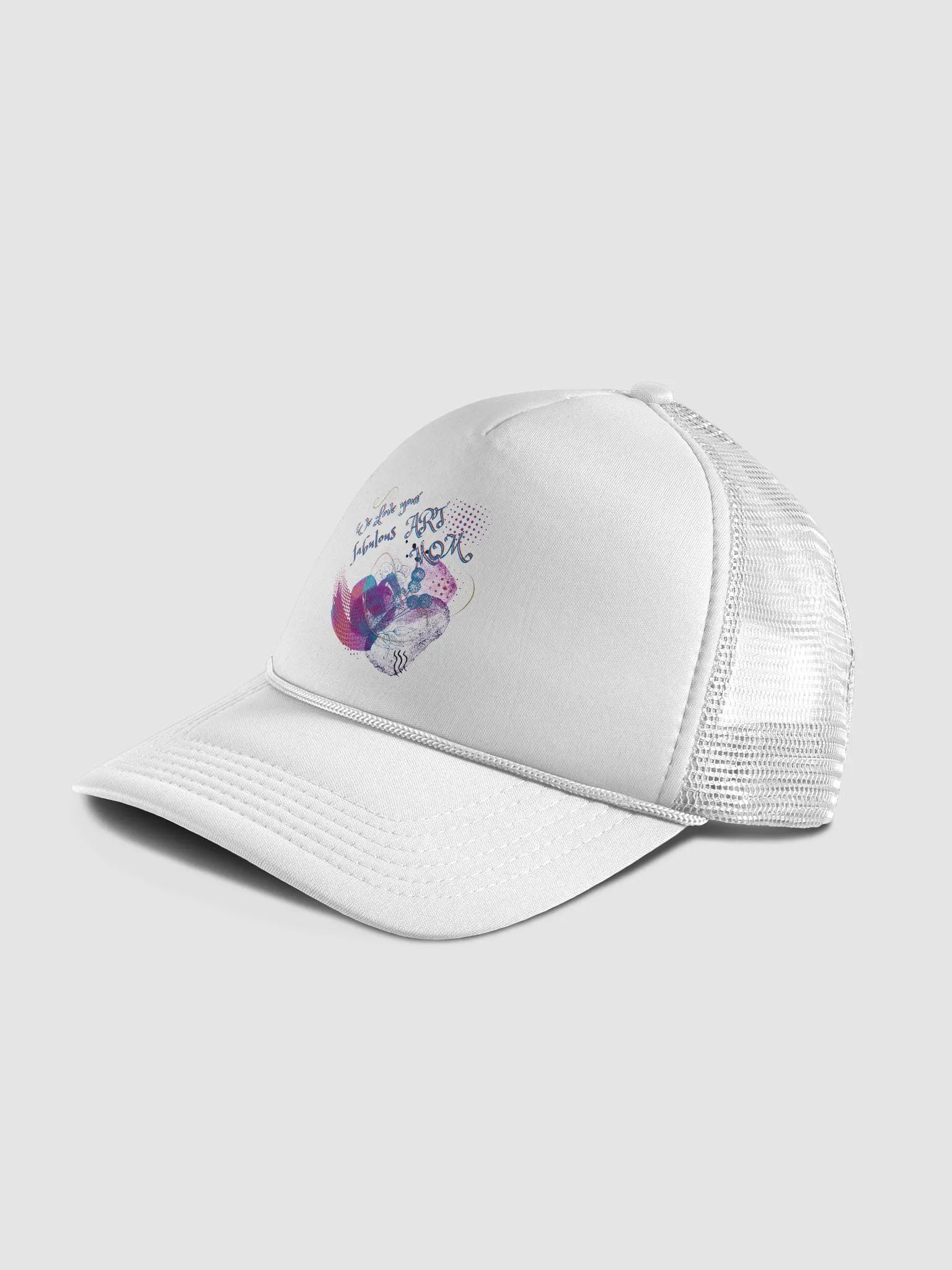 Ladies white cap featuring 'Love your fabulous art Mom