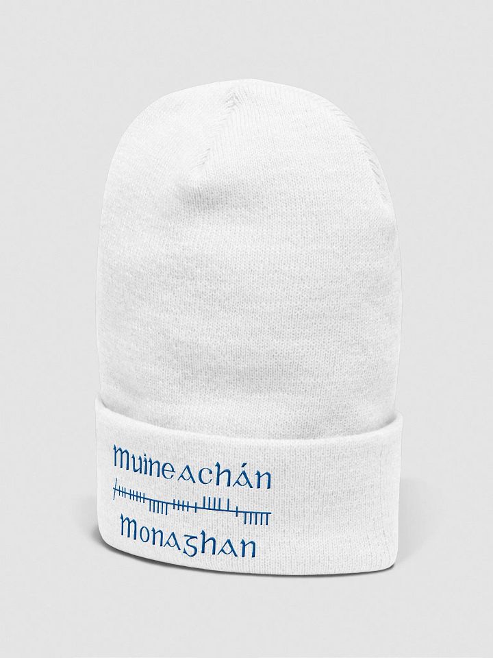 Monaghan/Muineachán Orthodox style Ogham, white with blue, embroidered Cuffed Beanie product image (2)