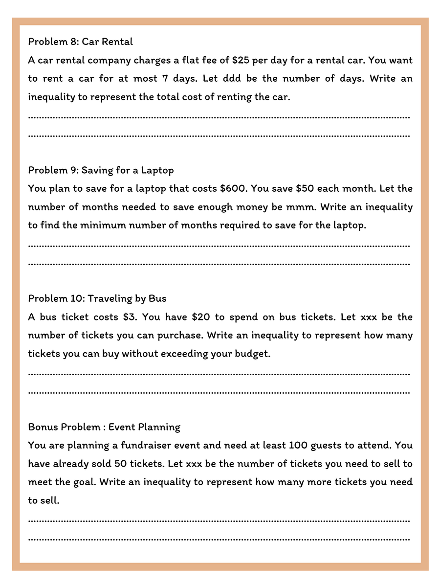 Inequality Word Problems Worksheet with Answer Key product image (3)