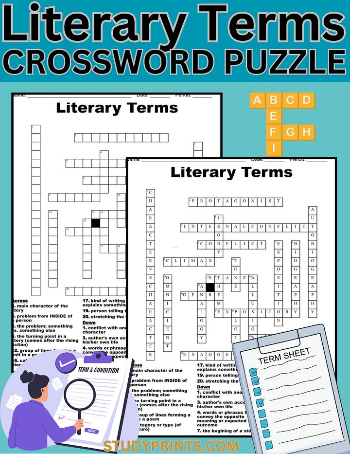 Literary Terms Crossword Puzzle Printable product image (1)