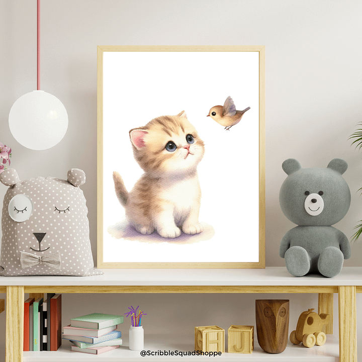 Curious Whiskers: Kitten Enchants Bird - Cute Digital Wall Art product image (2)