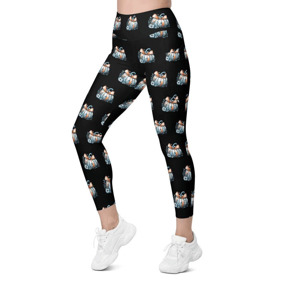 Charming Pattern of Stylishly Whimsical Dressed Blue And White Pumpkins With Orange Ribbon Chic Leggings product image (6)