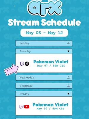 See you Tuesday & Friday! 👋  Twitch.tv/arxster  Do you have a consistent stream schedule?  Even the smallest of creators should. Setting a stream schedule helps your audience know when youre live next and when they can plan to see you.  #smallcreator #smallstreamer #smallstreamercommunity #smallstreamersupport #twitch #twitchstreamer #twitchtok #twitchcommunity #gamer #streamer #pokémon 