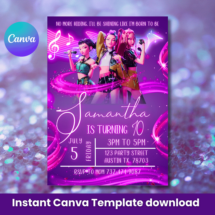K-Pop Demon Hunter Birthday Invitation – Neon Pink Concert Theme (Editable Canva Template) product image (1)