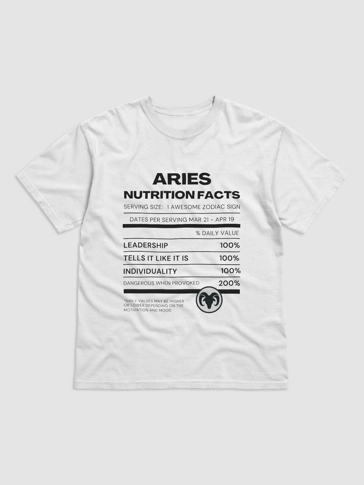 Aries Nutrition Facts T-Shirt (Black Writing) product image (1)
