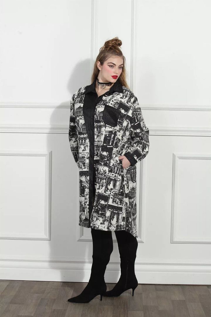 Size Tall Luxe Moda Twill Print Coat, Jacket Dress Beige and Black product image (2)