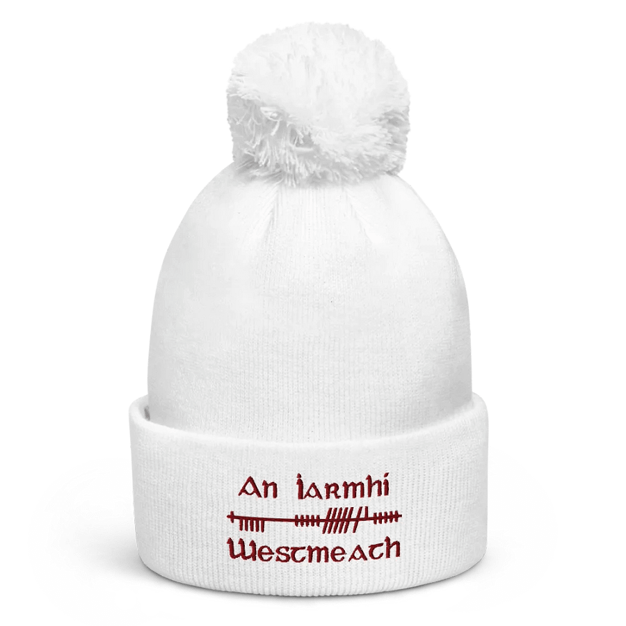 Westmeath/An Iarmhí, Orthodox style Ogham, white with maroon, embroidered Pom-Pom Beanie product image (1)