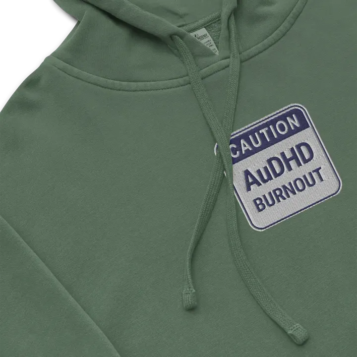CAUTION: AuDHD BURNOUT embroidered pigment hoodie (navy design) product image (1)