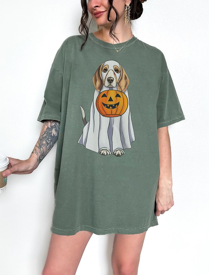 Beagle Halloween Tee | Funny Fall & Halloween Beagle Wearing a Ghost Costume with Pumpkin Basket product image (1)