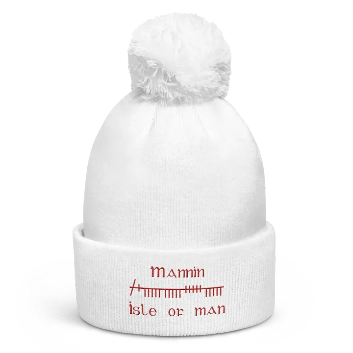 Isle of Man/Mannin Orthodox style Ogham, white with red, embroidered Pom-Pom Beanie product image (1)