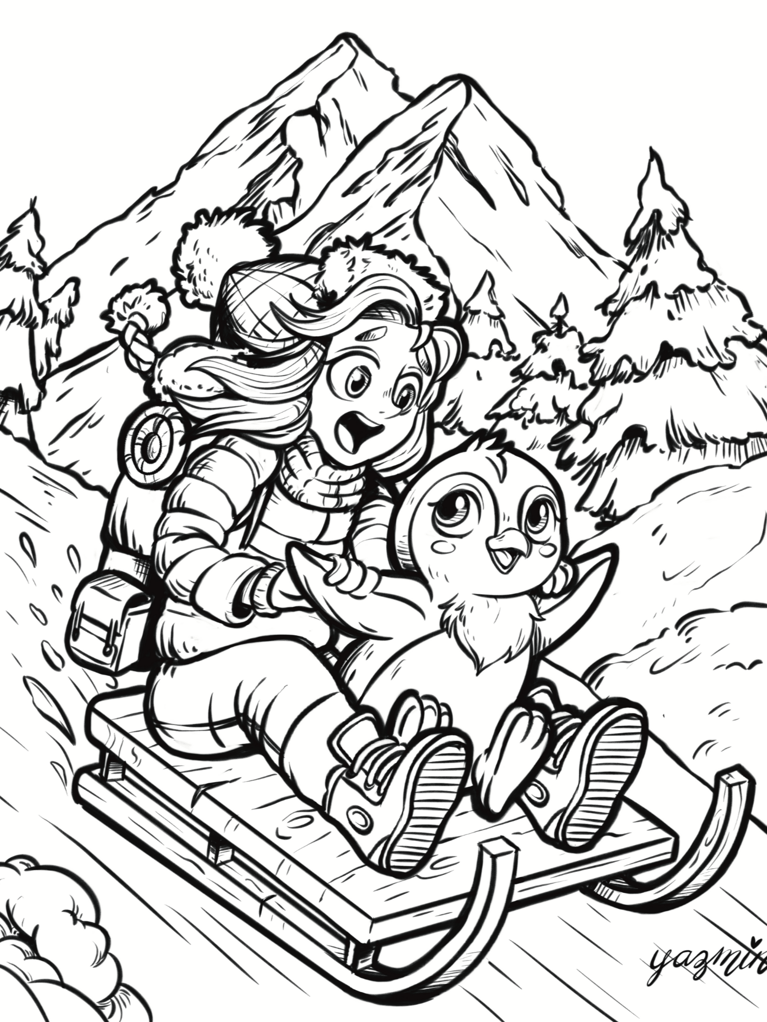 Snowy Adventure Coloring Page: Child & Penguin Toboggan Fun product image (1)